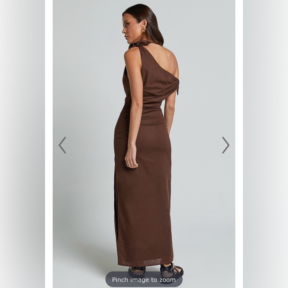 CINCINNATI MIDI - OFF THE SHOULDER SIDE SPLIT COLUMN DRESS IN CHOCOLATE- NWT - Picture 3 of 4